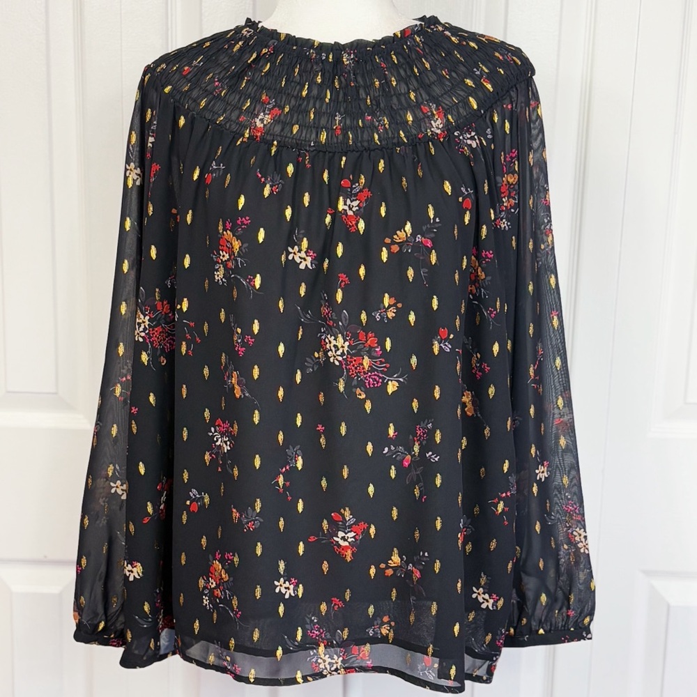 NWT Fairhope Black Gold Foil Dot Floral Sheer Smocked Top XXL